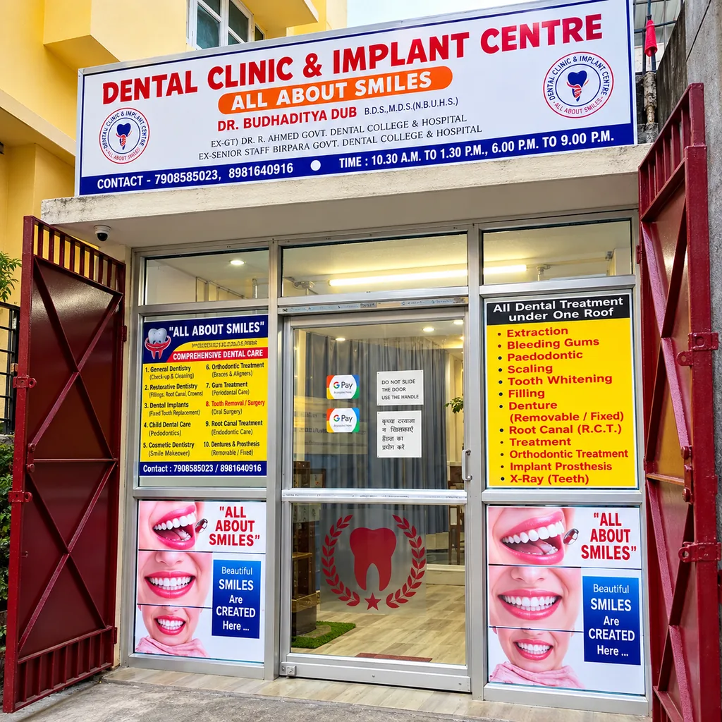 All About Smiles Dental Clinic & Implant Centre entrance signboard in Salt Lake Kolkata