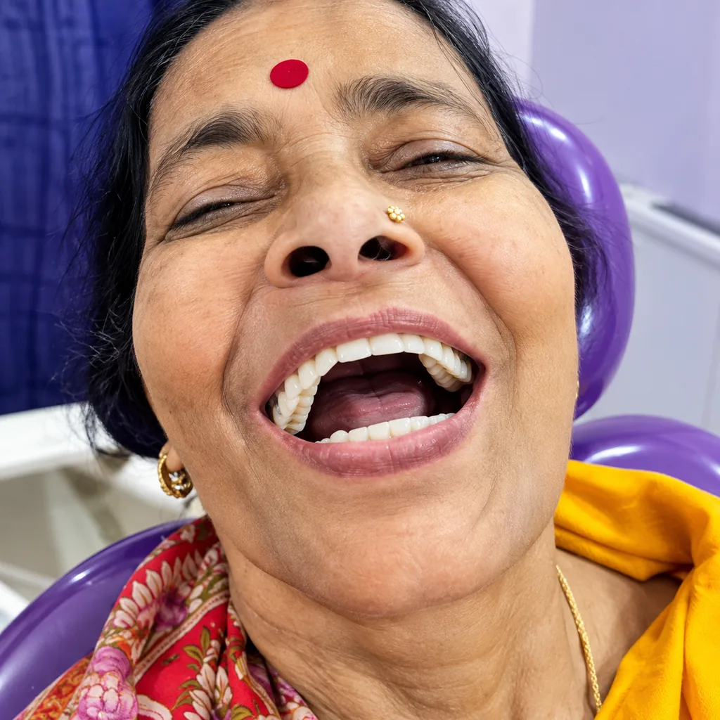 Happy elderly patient with new restored teeth smile
