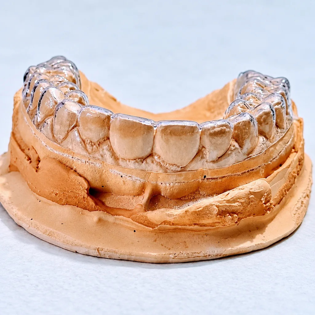 Clear invisible aligners fitted on dental model